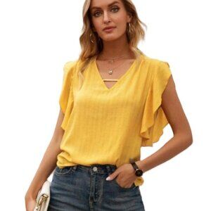 Anna NEW Kaci Yellow Flutter Sleeve V Neck Cottagecore Blouse S M L XL